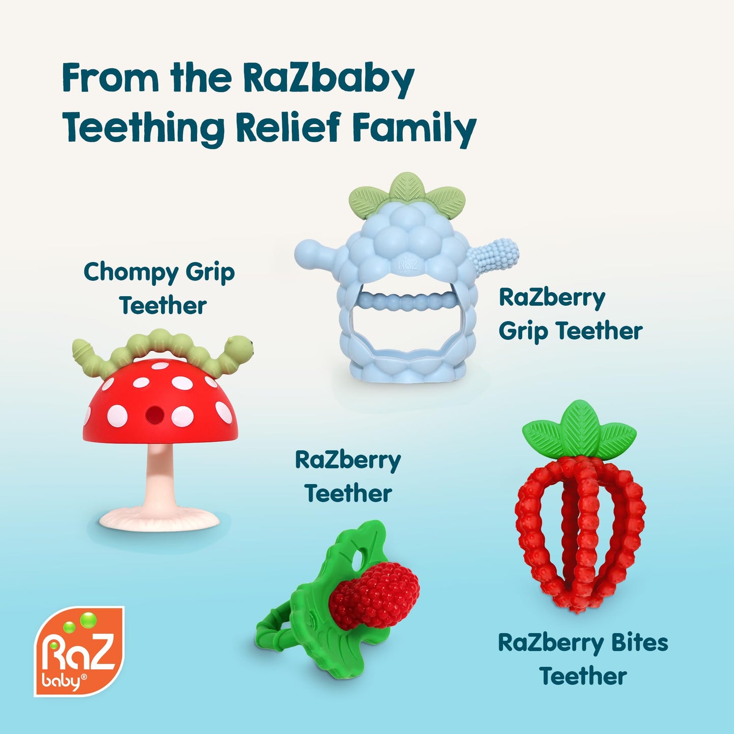 RaZbaby Chompy Teether – Soft Silicone Baby Teething Toy 3M+, BPA-Free, Easy to Hold, Soothing Bristles, Sensory Aid – Red/Blue