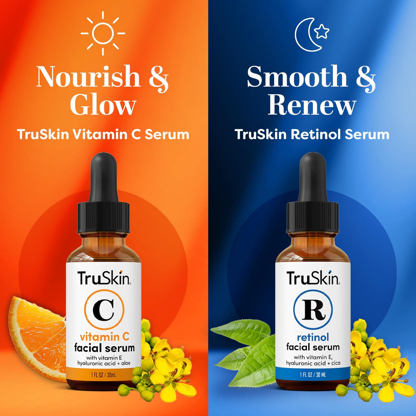 TruSkin Face Serum Duo - Vitamin C Serum & Retinol Serum for Face - AM & PM Anti Aging Skincare Routine - Brightening & Smoothing Facial Serums, 1 fl