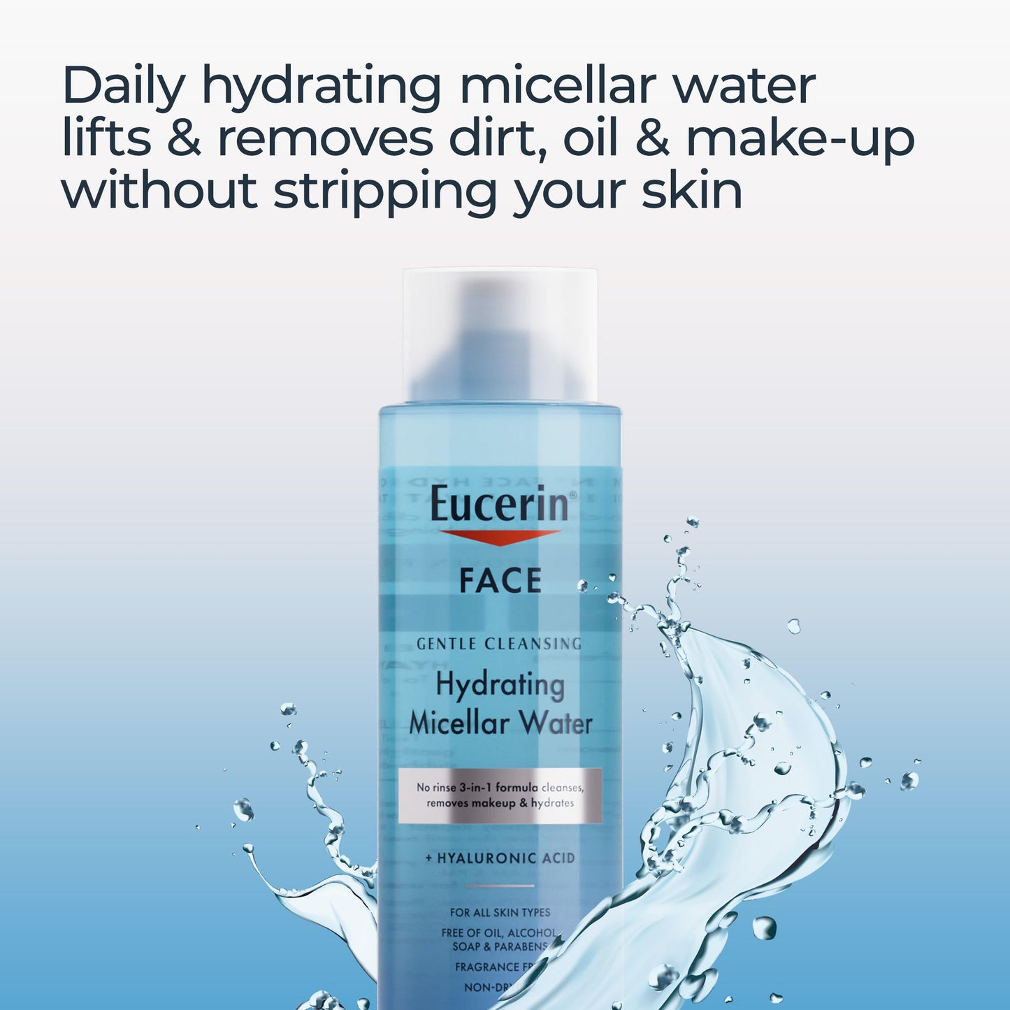 Eucerin Face Gentle Cleansing Hydrating Micellar Water with Hyaluronic Acid, Face Cleanser and Makeup Remover, Fragrance Free and Non-Drying for All
