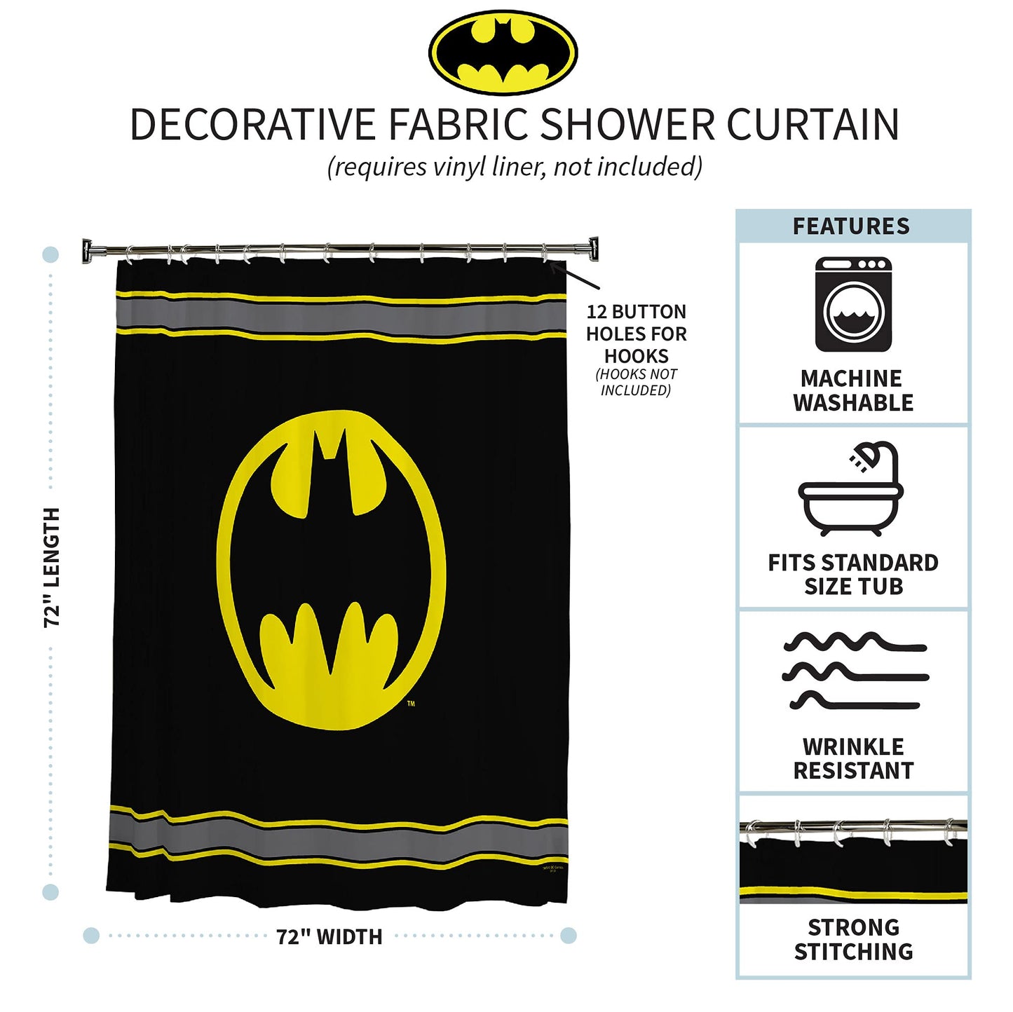 Warner Bros Batman Logo Microfiber Shower Curtain, 70-Inch by 72-Inch