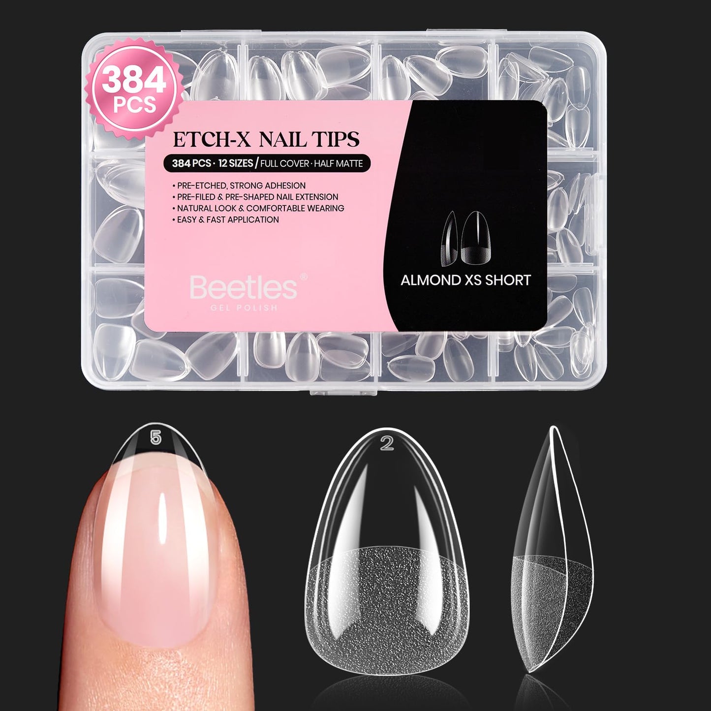 Beetles Gel Nail Tips Etch-X- Almond Extra Short, 384pcs 12 Sizes, Pre-Etched Half Matte Full Cover Soft Gel Nail Tips, Press on False Nail Extension Beauty and Personal Care beetles Gel Polish Default Title