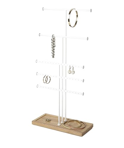 Umbra Trigem Tiered Tabletop Jewelry Organizer Freestanding Hanging Necklace, Earring and Bracelet Display, 5, White Natural