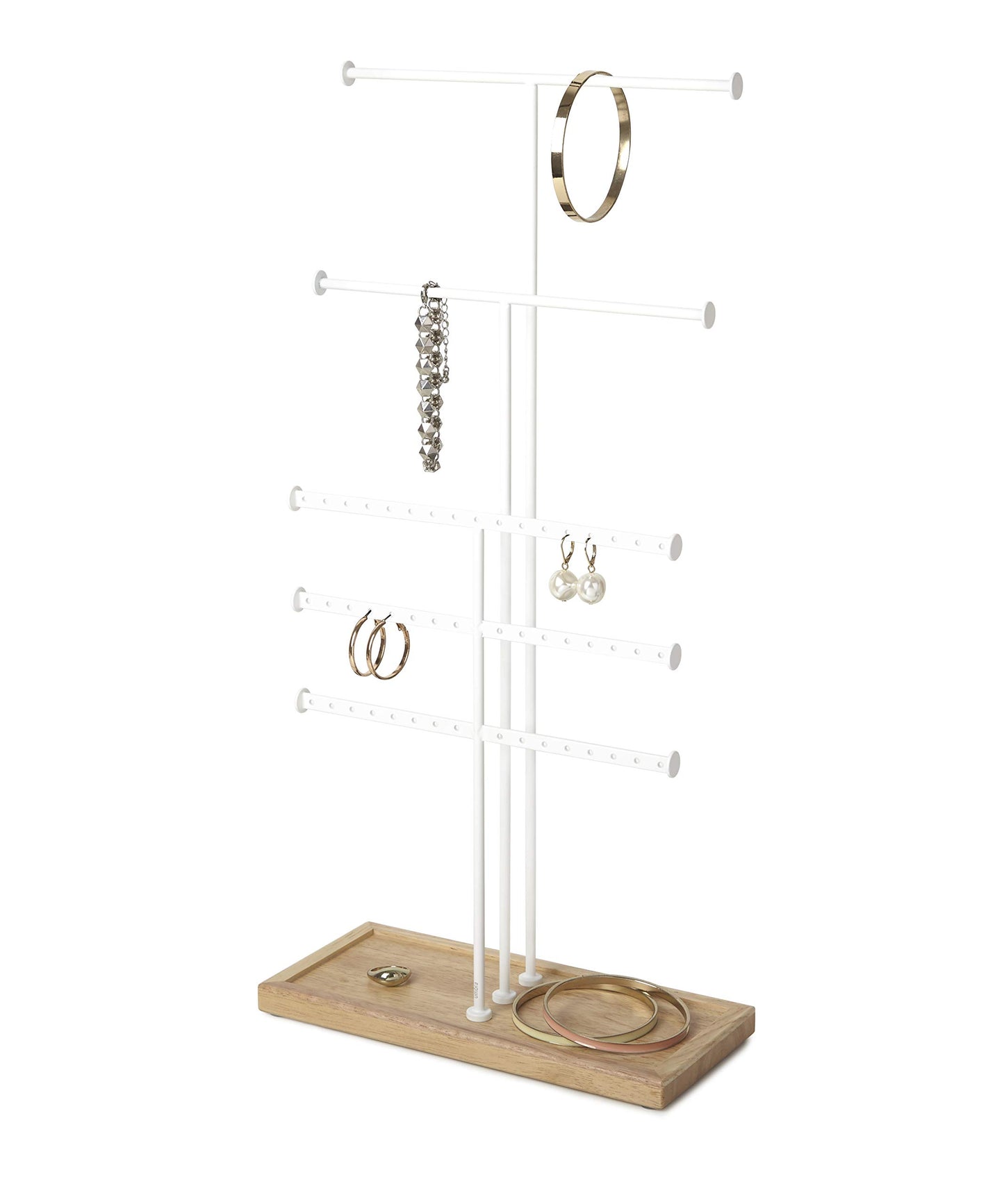 Umbra Trigem Tiered Tabletop Jewelry Organizer Freestanding Hanging Necklace, Earring and Bracelet Display, 5, White Natural