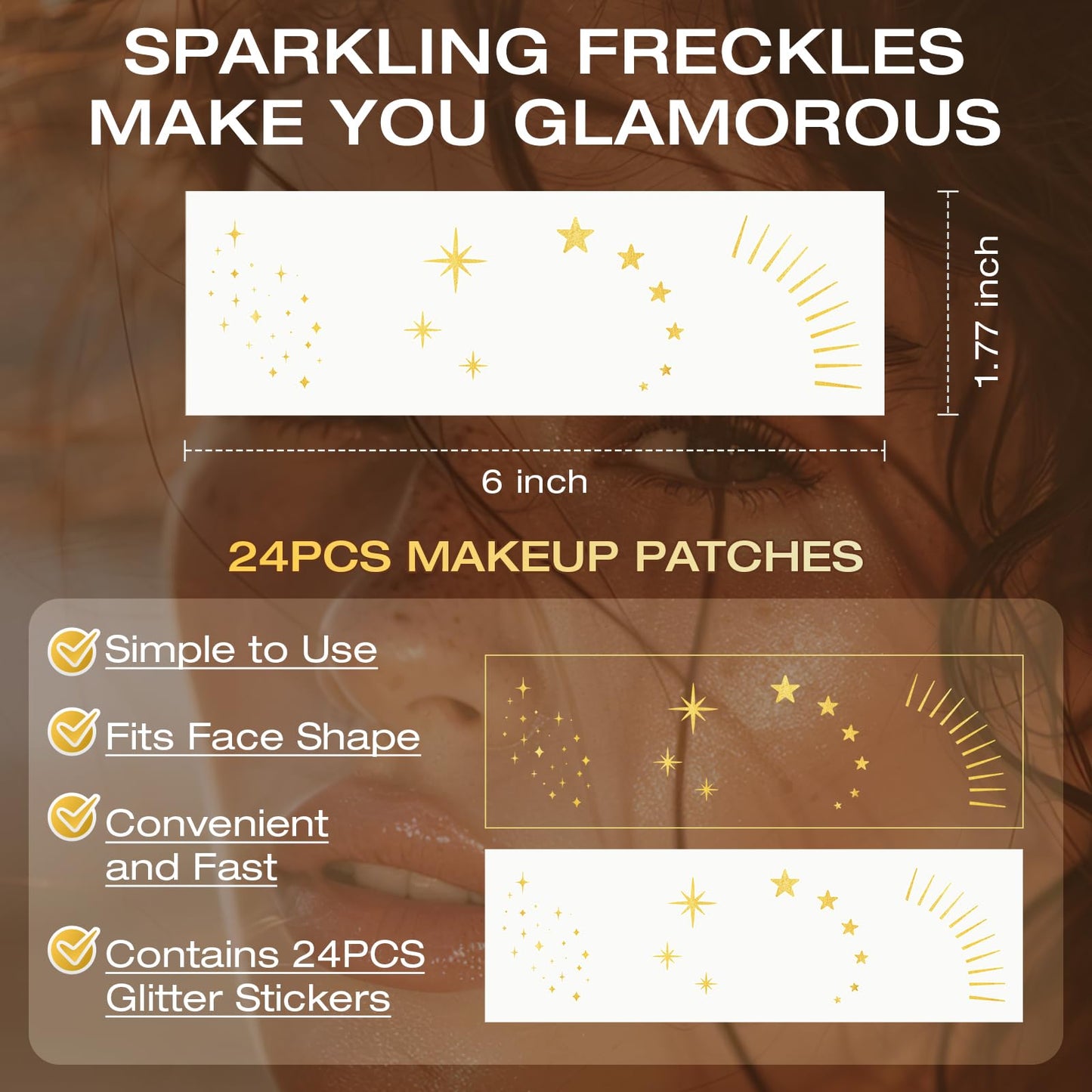 Leterly 24 Pcs Glitter Freckles Face Tattoo,Gold Face Glitter Makeup Patches Cute Sparkle Freckles Patches Waterproof Makeup Speckles for Face