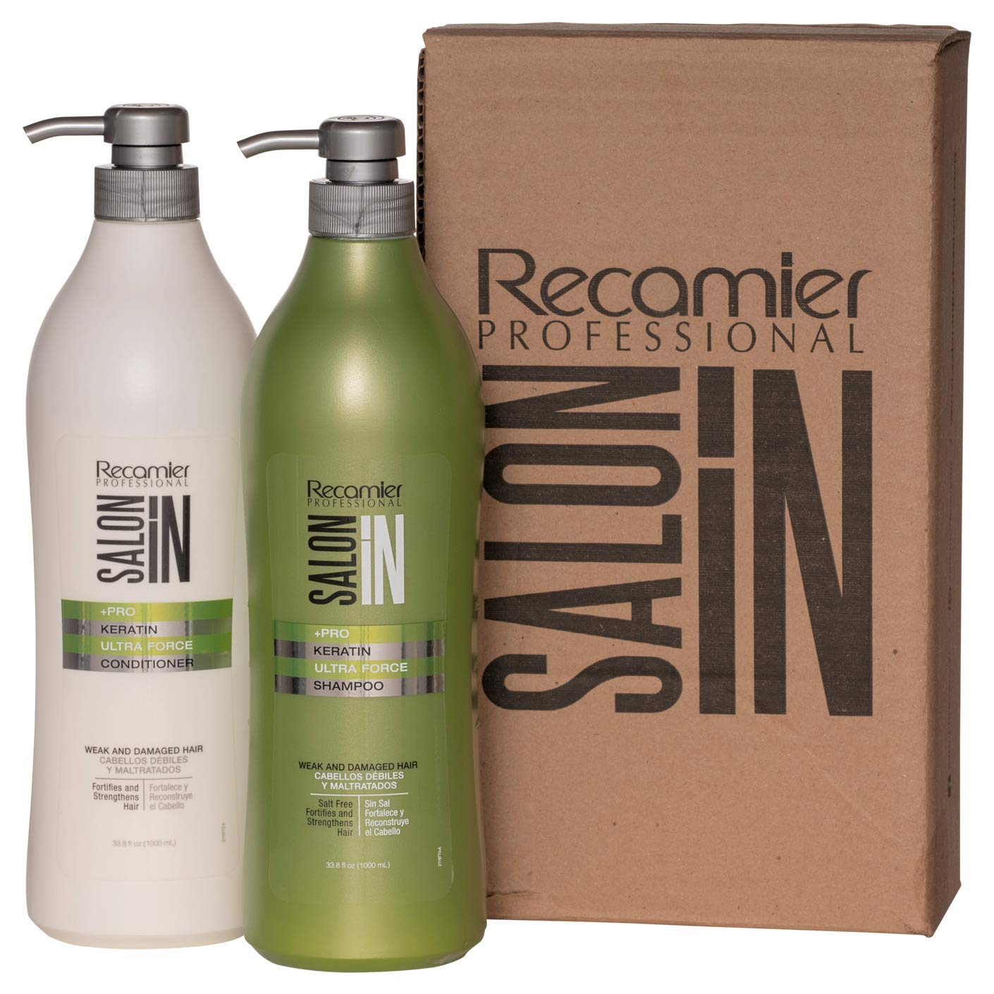 Salon In by Recamier | Keratin Ultra Force Hair Shampoo and Conditioner Set (33.8 fl oz / 1000 ml) | Repair & Strength