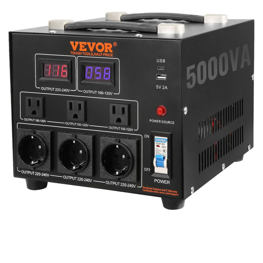 VEVOR 5000W Voltage Converter Transformer – Heavy Duty Step Up/Down 110V↔220V Power Converter with US/EU Outlets & 5V USB, CE Certified