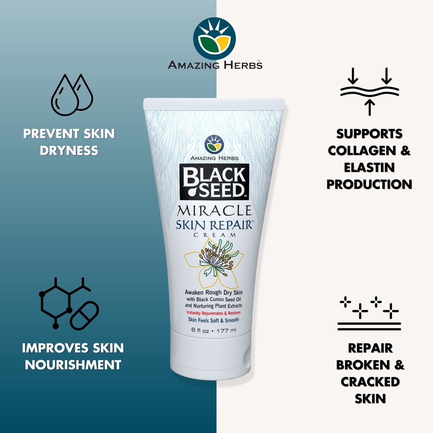 Amazing Herbs Black Seed Miracle Skin Repair Cream - Non-Allergenic Formula, Black Cumin Seed Oil, Vitamin E, and Other Essential Oils Support