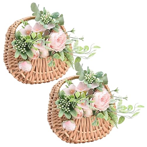 Fofetbfo 2PCS Half-moon Mini Straw Rattan Baskets, Hand-woven Flower Basket with Handle, Retro Storage Containers, Khaki