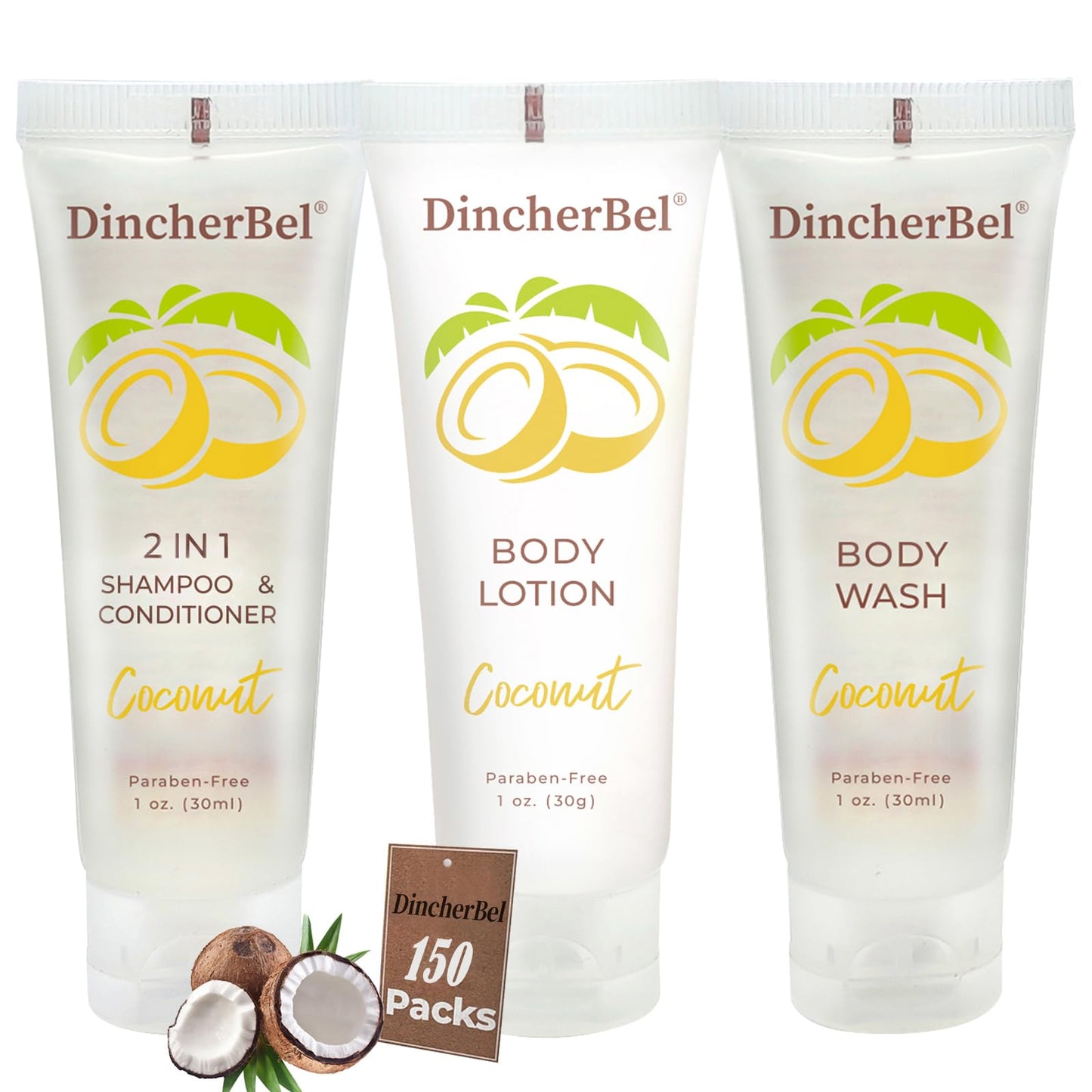 Travel Size Toiletries Kits, Bulk Mini Hotel Guest Amenities (Tropical Coconut, 1oz each), 3-Piece Sets Refreshing Coconut Scent - 50 Shampoo
