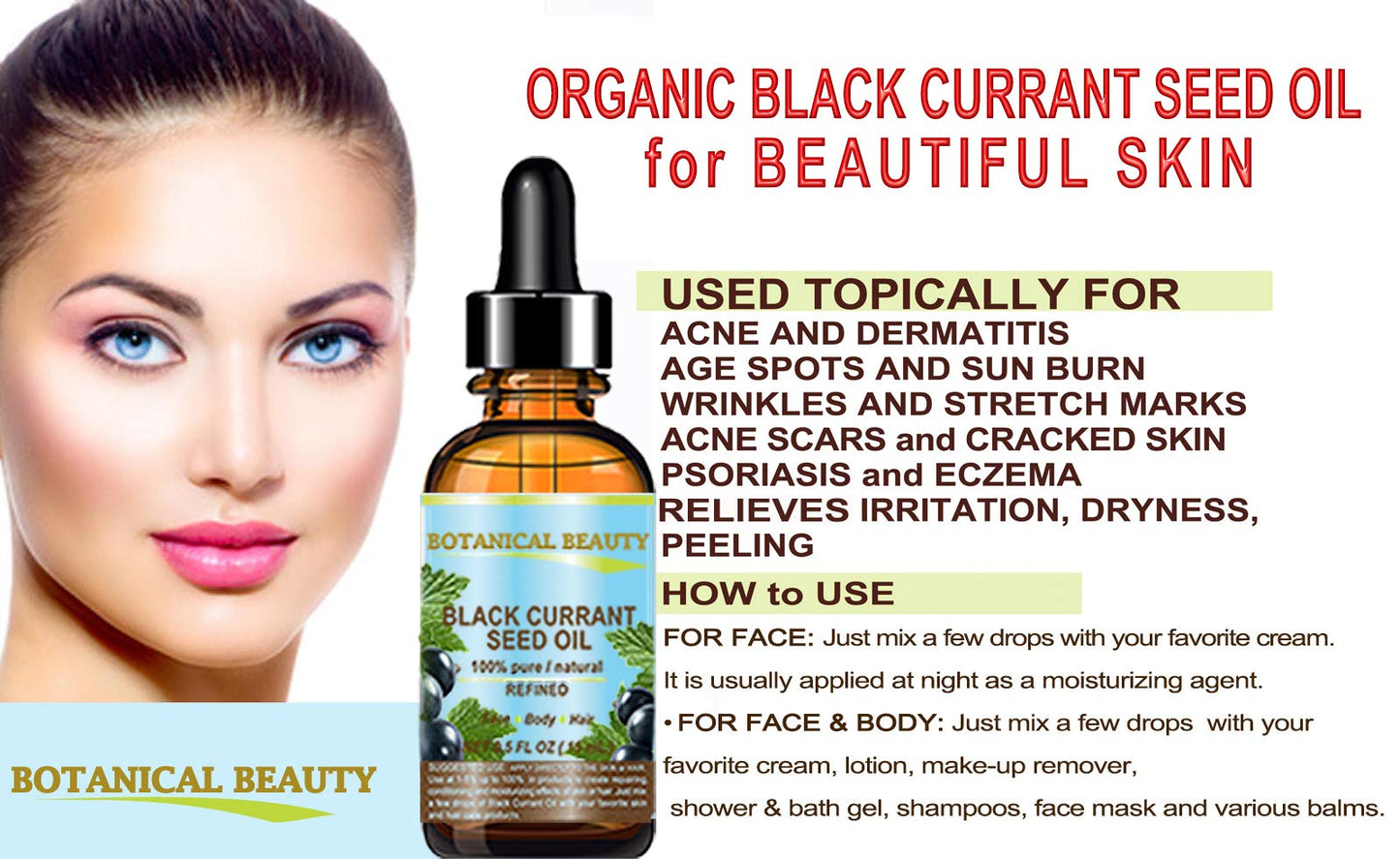 Botanical Beauty BLACK CURRANT SEED OIL. 100% Pure Natural Undiluted Refined Cold Pressed Carrier Oil for Skin, Hair, Lip and Nail Care (4 Fl Oz)