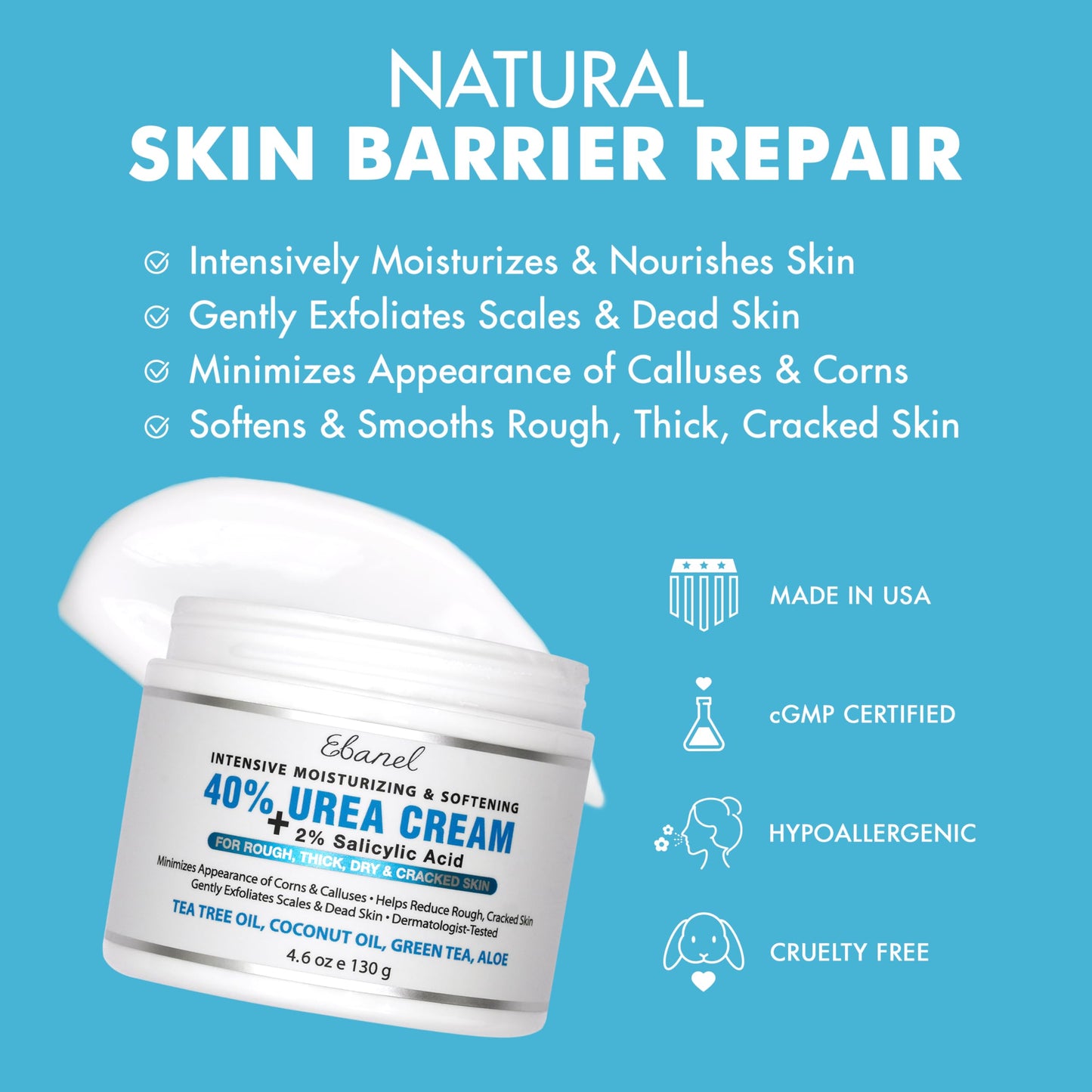 Ebanel Urea Cream 40% with 2% Salicylic Acid – Foot Cream for Dry Cracked Heels, Callus Remover, Toenail Softener & Skin Barrier Repair