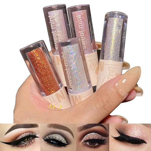 Aolailiya 5pcs Liquid Glitter Eyeshadow set- Sparkling Metallic High Pigmented Glitter Eye Shadow Korean Crystals Makeup, Quick Drying Long Lasting