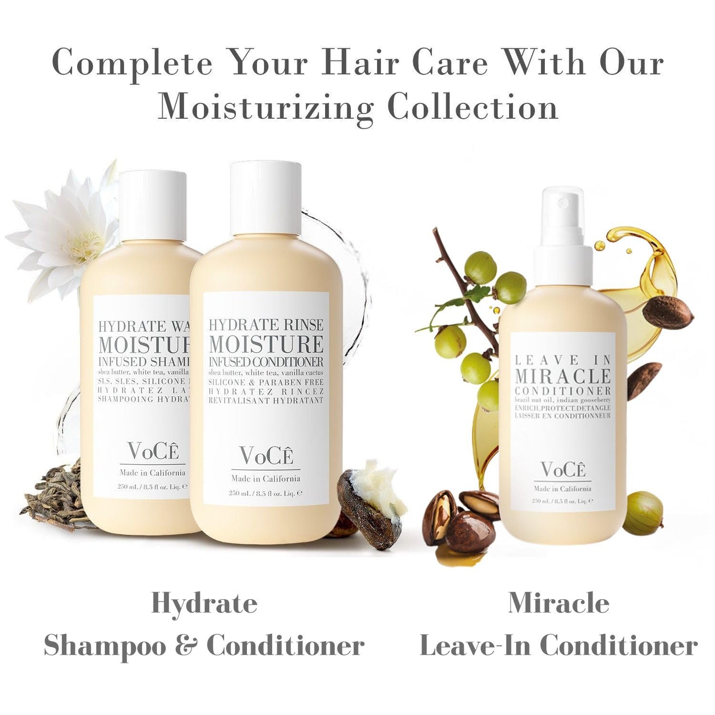 VoCÊ Haircare Hydrate Collection Gift Set | Moisturizing Shampoo, Rinse & Leave-In Conditioner | Vegan, Non-Toxic, Cruelty-Free Haircare for Dry Hair