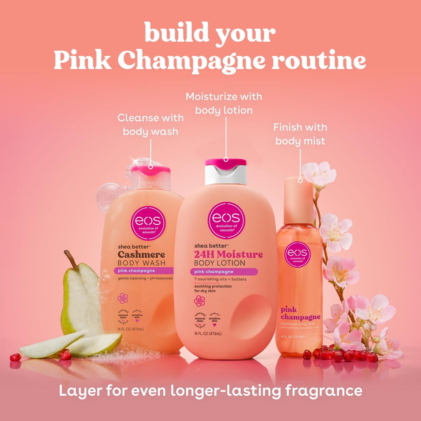 eos Cashmere Body Wash - Pink Champagne, Moisturizing Body Wash, Creamy Gel Formula, with Shea Butter, Glycerin, Vitamin E, pH Balanced, Sensitive