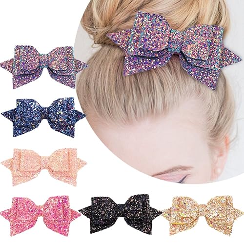 5 Inch Glitter Hair Bows Boutique Hair Clips 6 Pcs Multi Color Glitter Sequins Big Hair Bows for Baby Girls Teens Toddlers