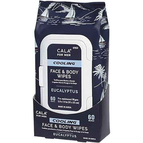 CALA for Men Cooling Face & Body Wipes, Eucalyptus Leaf Oil + Witch Hazel, Unscented Pre-Moistened Cleansing Tissues for Sweat & Grime, Soft Woven