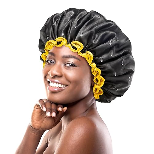mikimini Extra Large Black Shower Cap for Women and Men Thick Long Hair Braids, Reusable Waterproof Double Layers XL Bathing Hair Caps with Vibrant