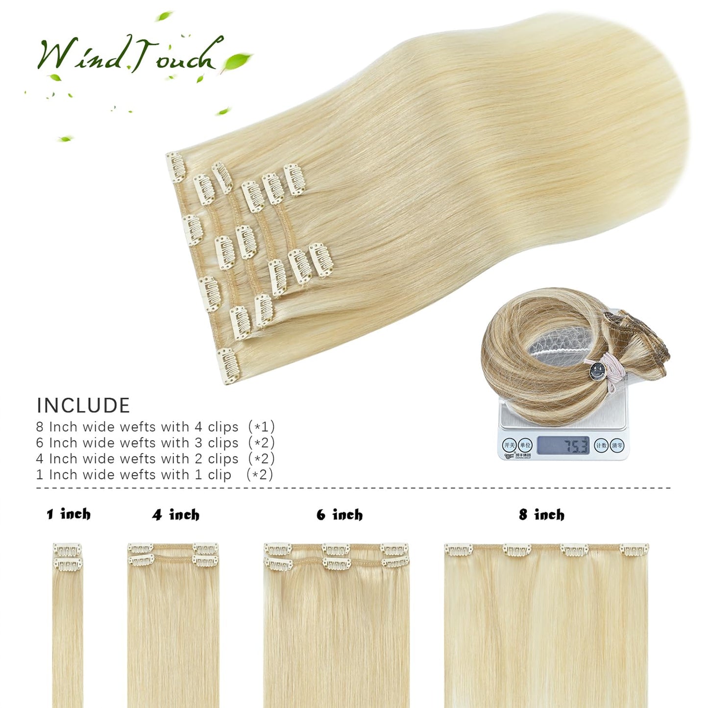 WindTouch Clip In Hair Extensions Real Human Hair Platinum Blonde Hair Extensions 18Inch 75g #60 7PCS