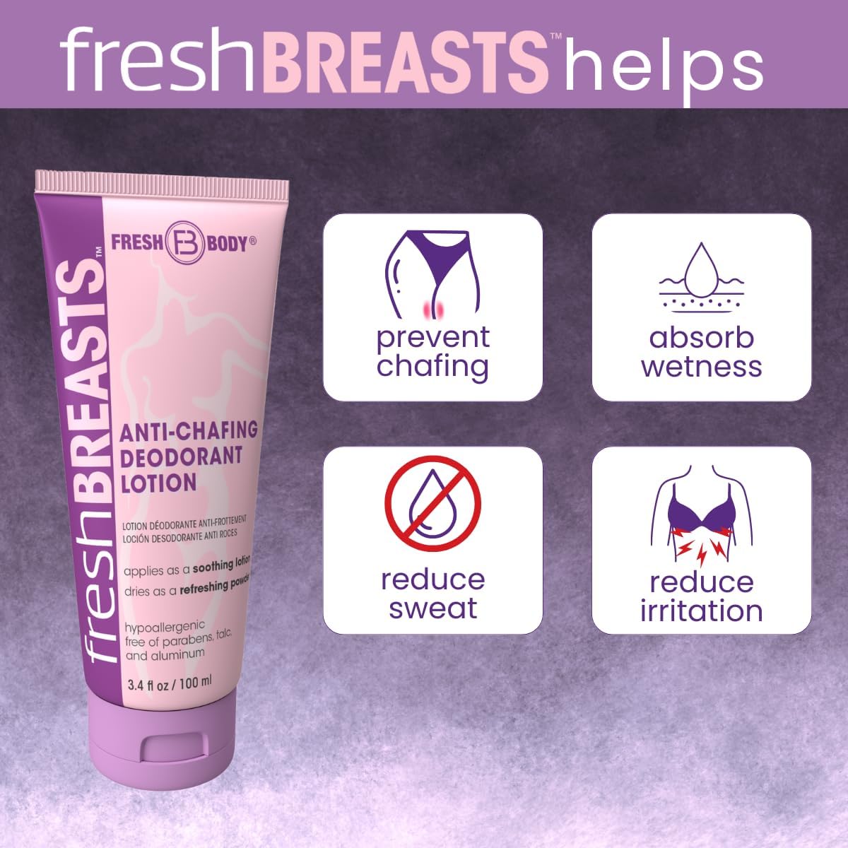 Fresh BREASTS Anti Chafe Cream Lotion to Powder, 3.4oz - Chafing Deodorant for Women, Inner Thighs & Areas that Sweat, No Talc, Aluminum or Added