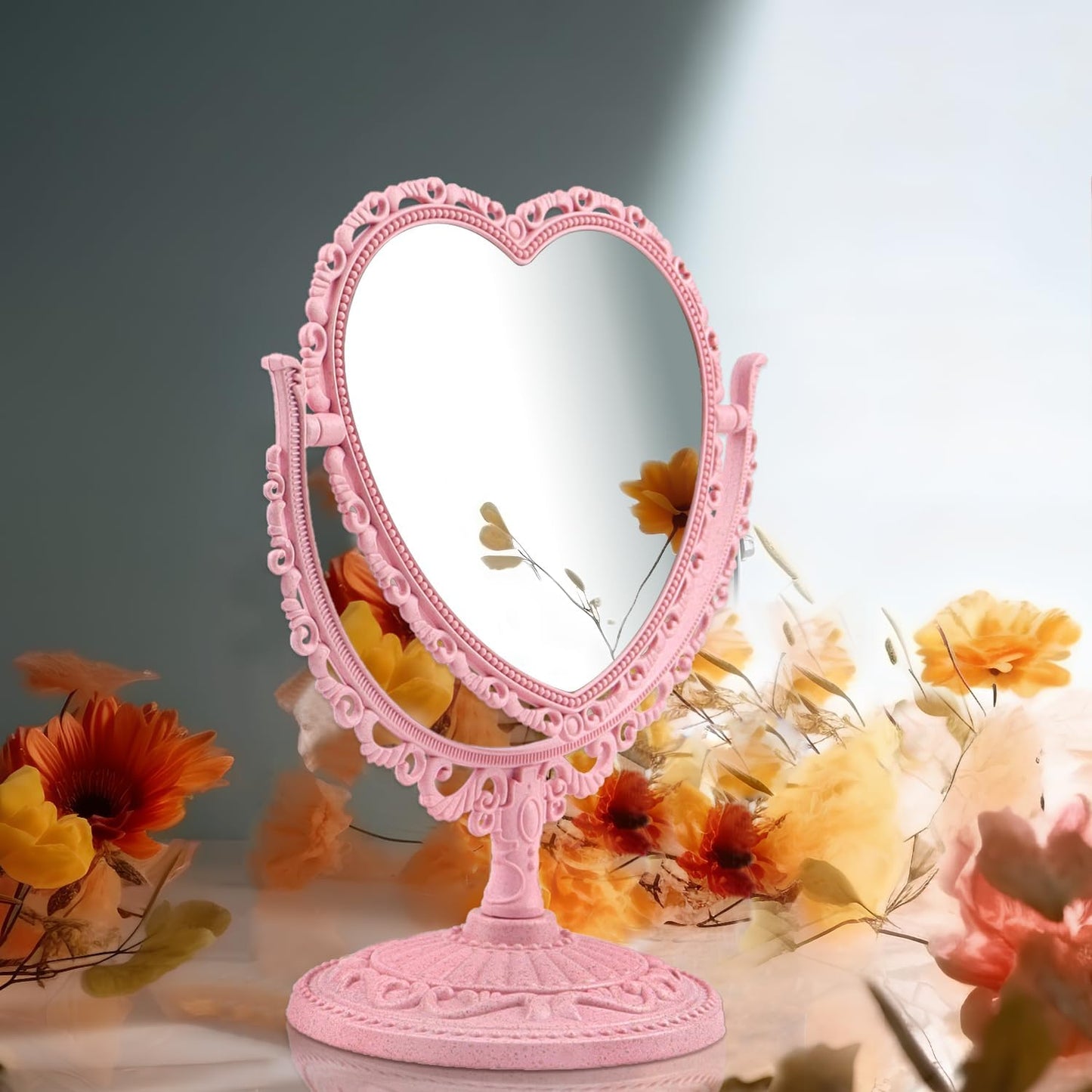 QEEYON Pink Heart Vanity Mirror - Double Sided 360 Degree Swivel - Aesthetic Makeup Cosmetic Mirror for Table Desk Countertop Dresser Coquette