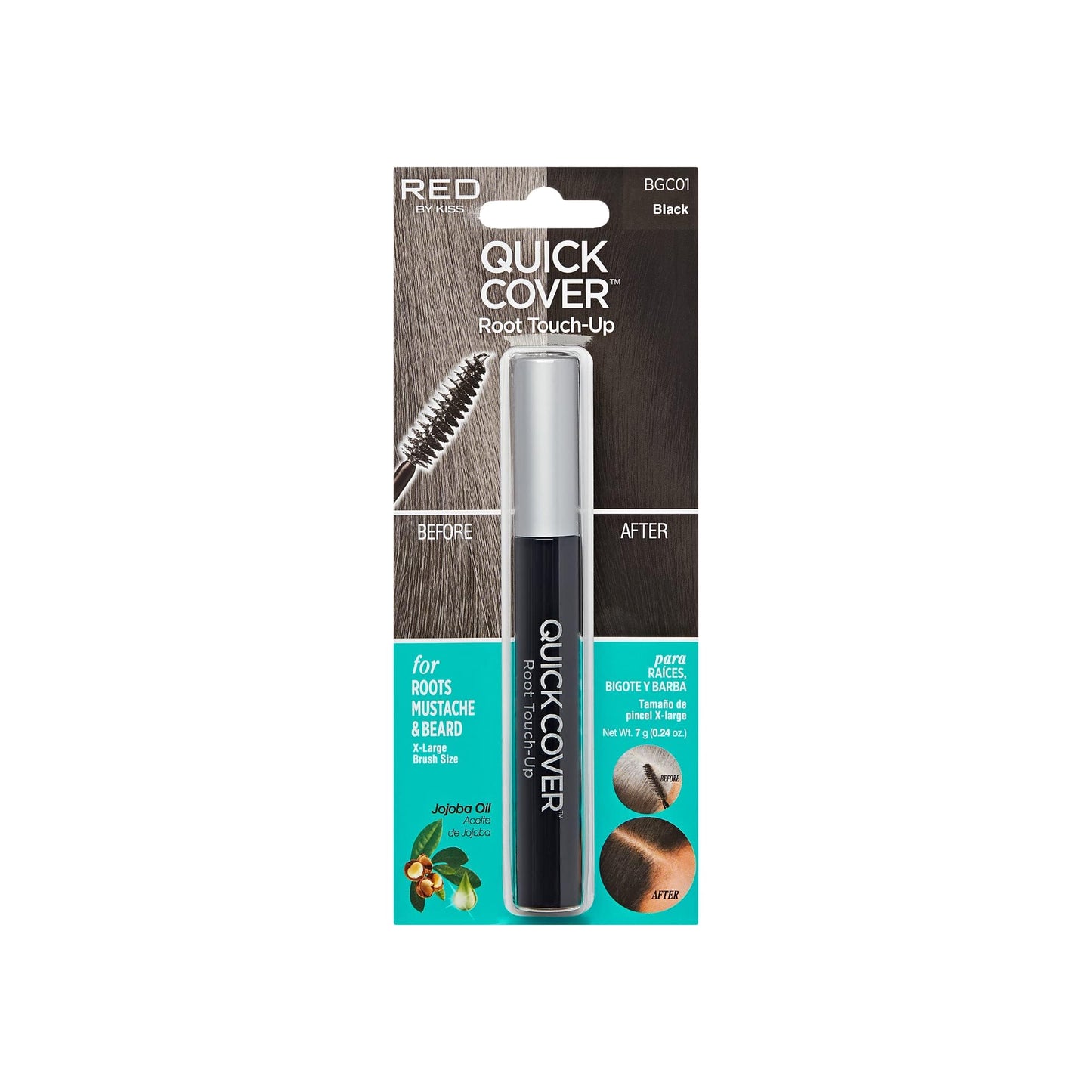 RED by KISS Quick Cover Root Touch Up Rescue (Black), Mascara Natural Water-Resistant Temporary Gray Concealer Cover Up Brush for Hair Mustache