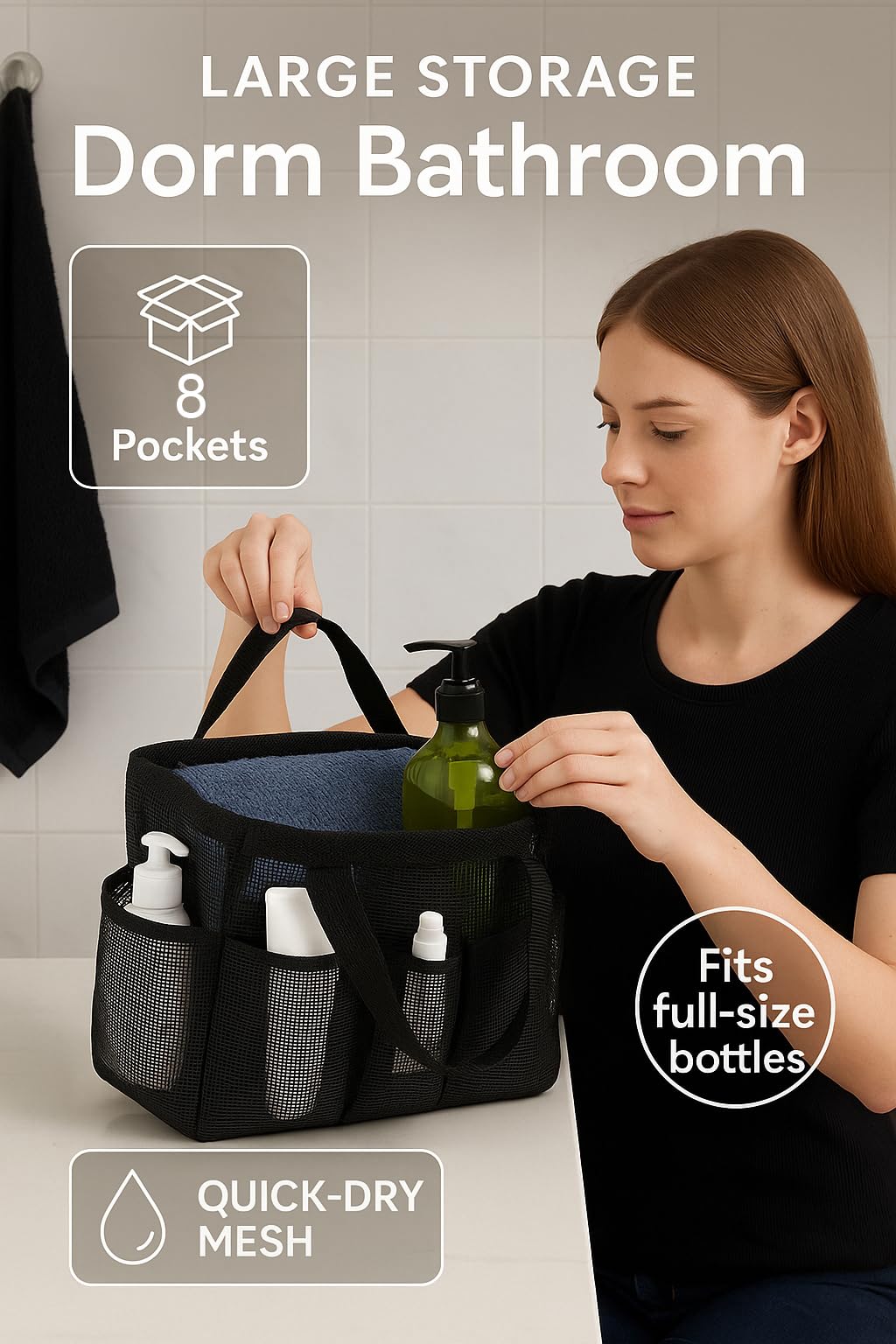 F-color Mesh Shower Caddy – Portable 7-Pocket Quick Dry Tote with S Hook & 2 Handles for Dorm, Gym, Bathroom, Camp – Black