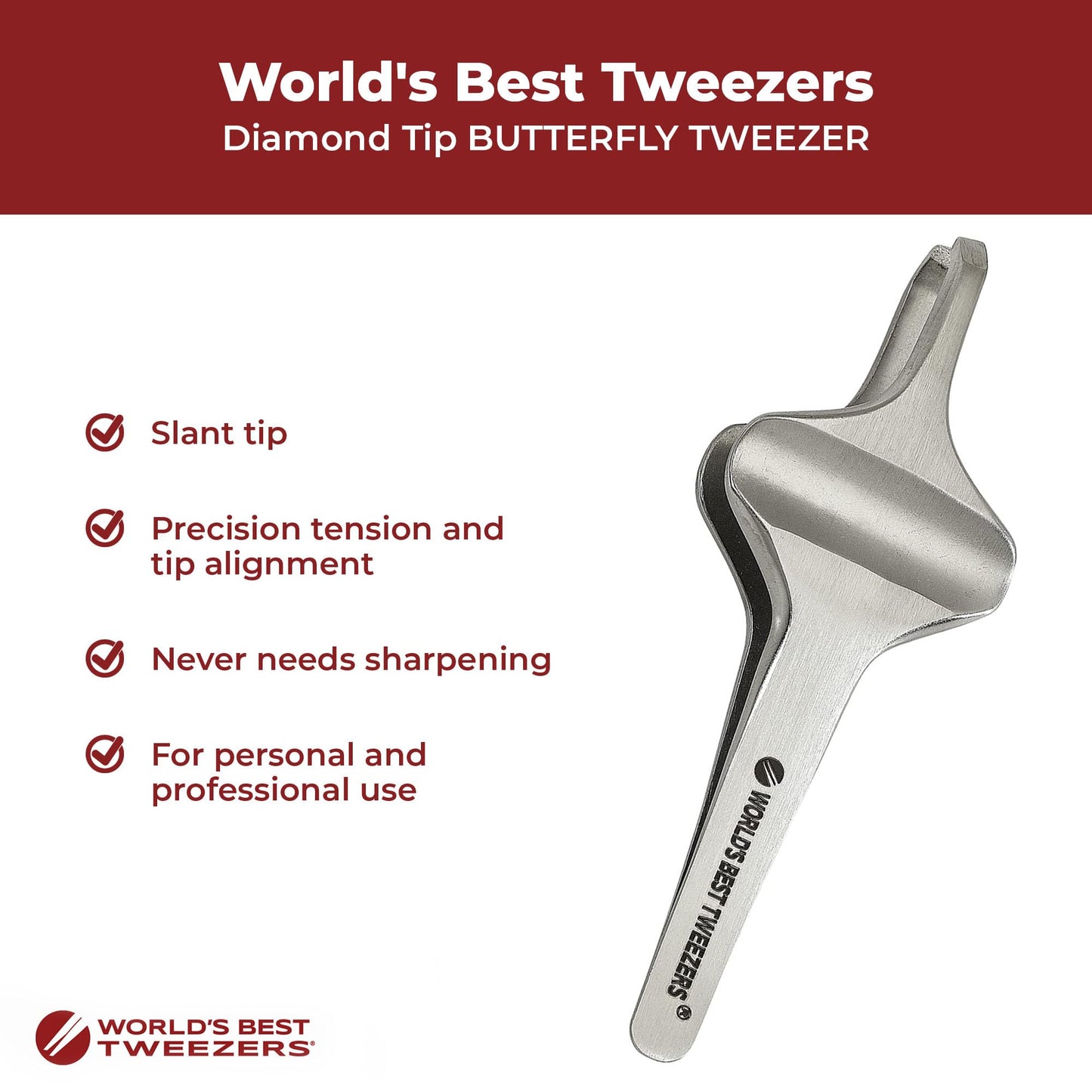 World's Best Tweezers Diamond Butterfly Tweezers - Wide Grip Slant Tip Precision Tweezers for Eyebrow, Facial & Ingrown Hair Removal - Perfectly