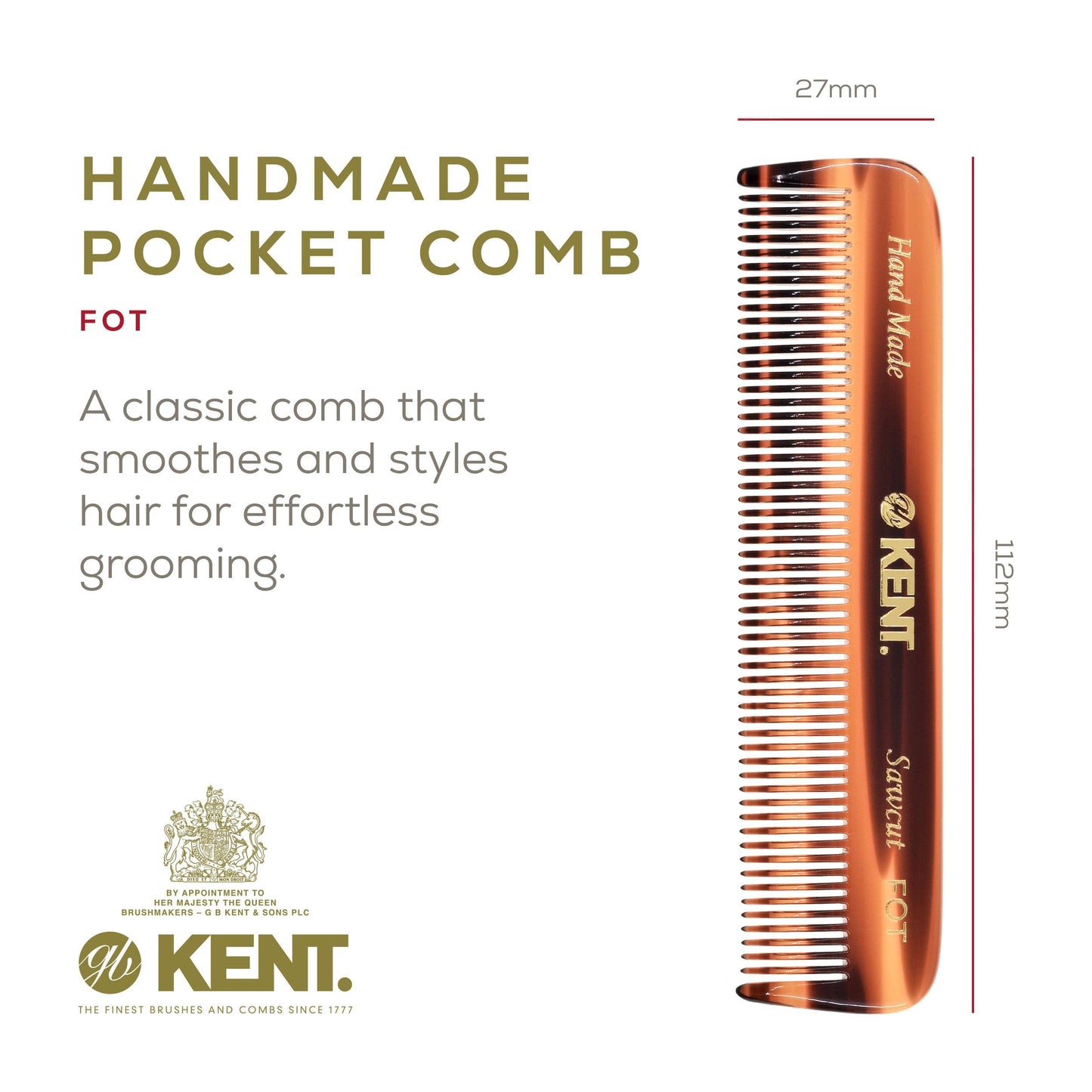 Kent FOT Tortoise Fine Tooth Handmade Pocket Comb for Men, Women and Kids, Hair Comb Straightener for Everyday Grooming and Styling, Beard Beauty and Personal Care KENT