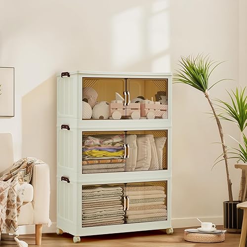 Garvee 378QT Stackable Storage Bins, Plastic Bins for Storage with Lids, Plastic Storages Drawers with Magnetic Doors & Wheels, Foldable Collapsible…