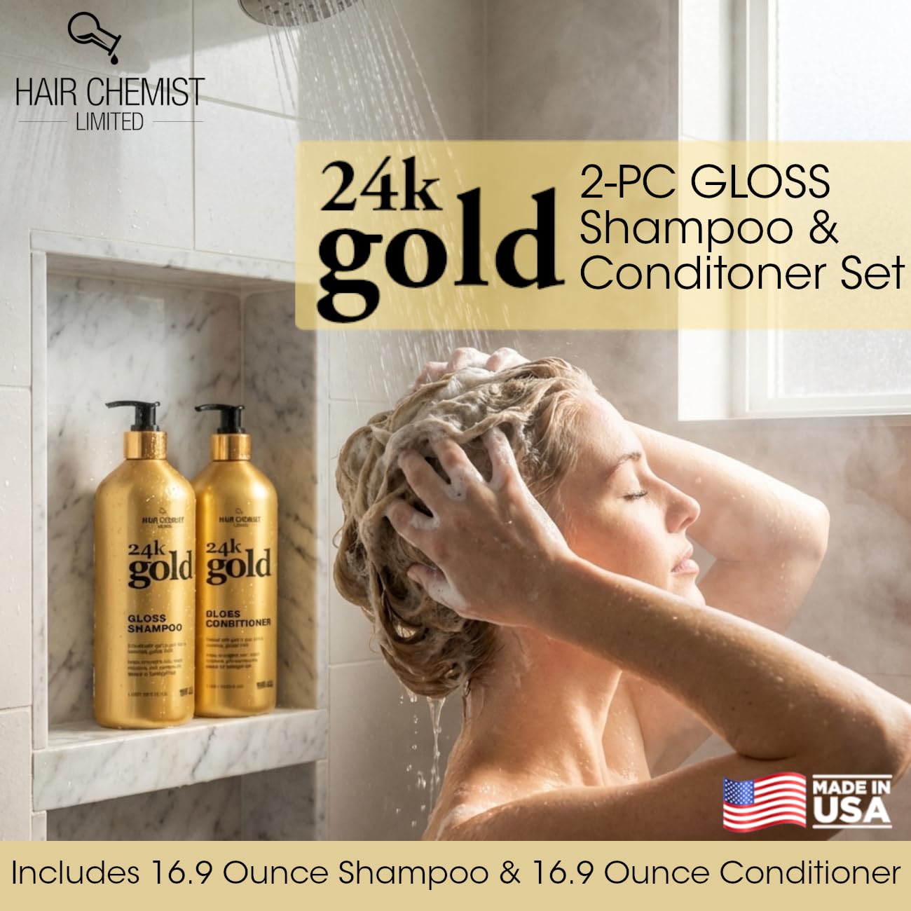 Hair Chemist 24K Gold Gloss Shampoo & Conditioner 16.9 oz. 2-PC Set - Strengthening & Shine Enhancing Hair Care System - Hydrating, Smoothing