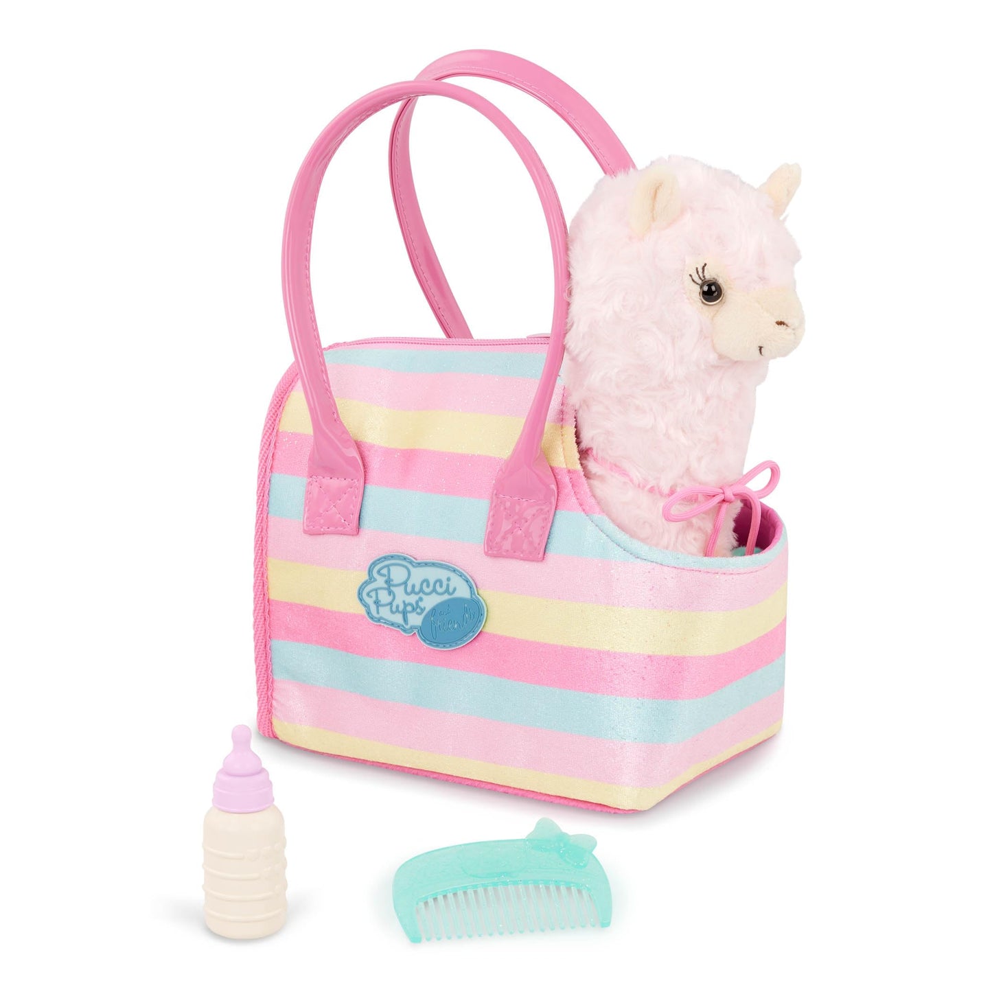 Pucci Pups - Plush Llama - Dog Carrier - Toy Llama - Striped Bag & Unicorn, Blue Comb & Bottle - Stuffed Animal - 3+ Years