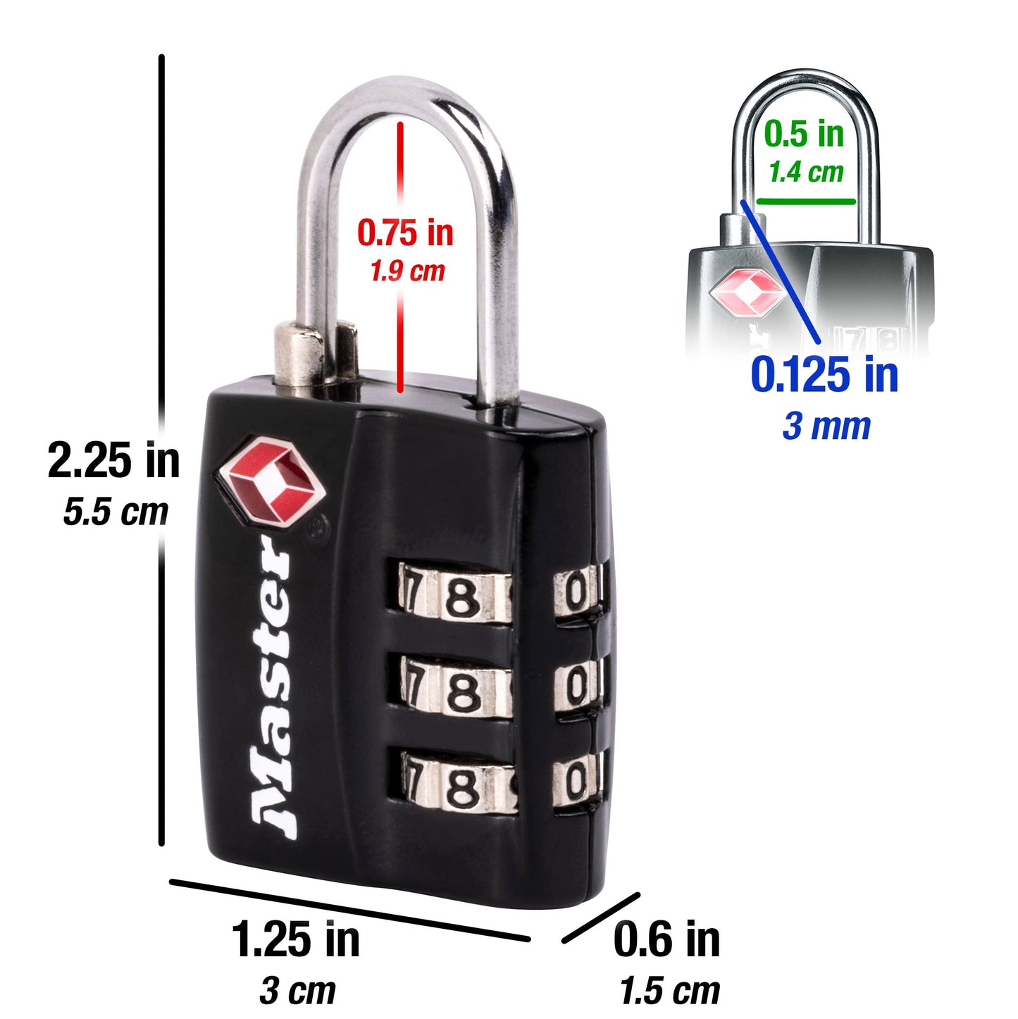 Master Lock TSA Approved Luggage Lock – Durable Wide Body Travel Padlock with Thin Steel Shackle for Suitcases & Backpacks (4680DBLK)