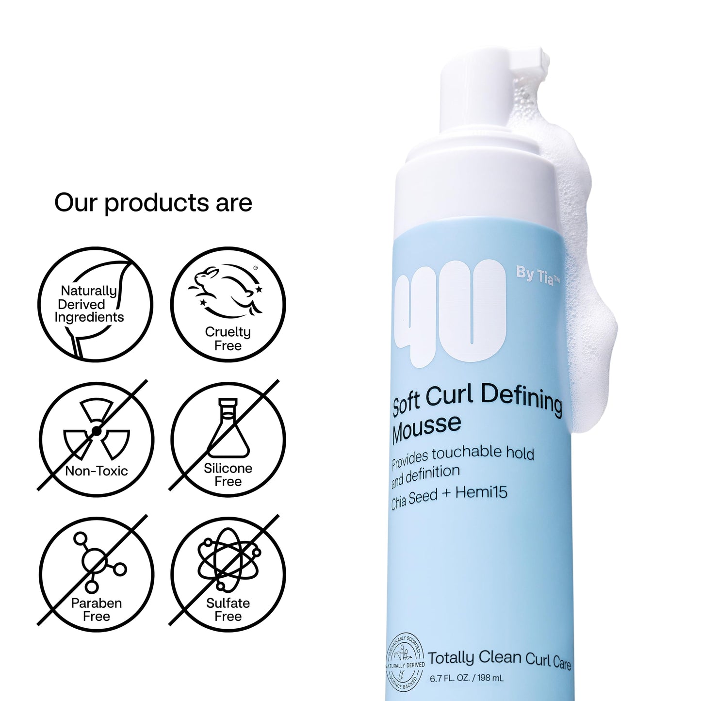 4U by Tia Soft Curl Defining Mousse - 3A-4C Hair Foam Formulated with Chia Seed and Hemi15 to deliver soft, frizz-free, volumized curls with all-day
