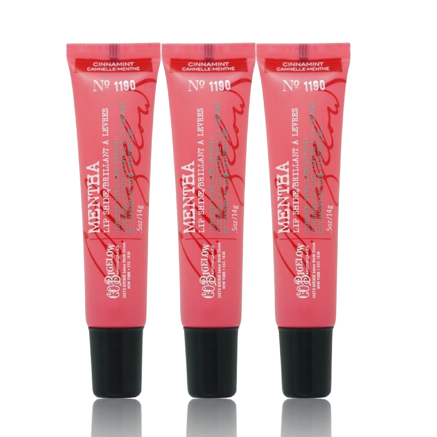 C.O. Bigelow Cinnamint Mentha Lip Shine Balm Tubes, Pack of 3 Bulk Lip Gloss with Cinnamon & Peppermint Oil, High Gloss Shine Finish, 0.5 oz
