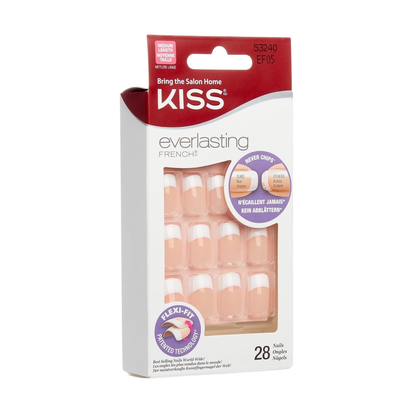 KISS Everlasting, Press-On Nails, Nail glue included, 'Infinite', French, Medium Size, Squoval Shape, Includes 28 Nails, 2g Glue, 1 Manicure Stick, 1