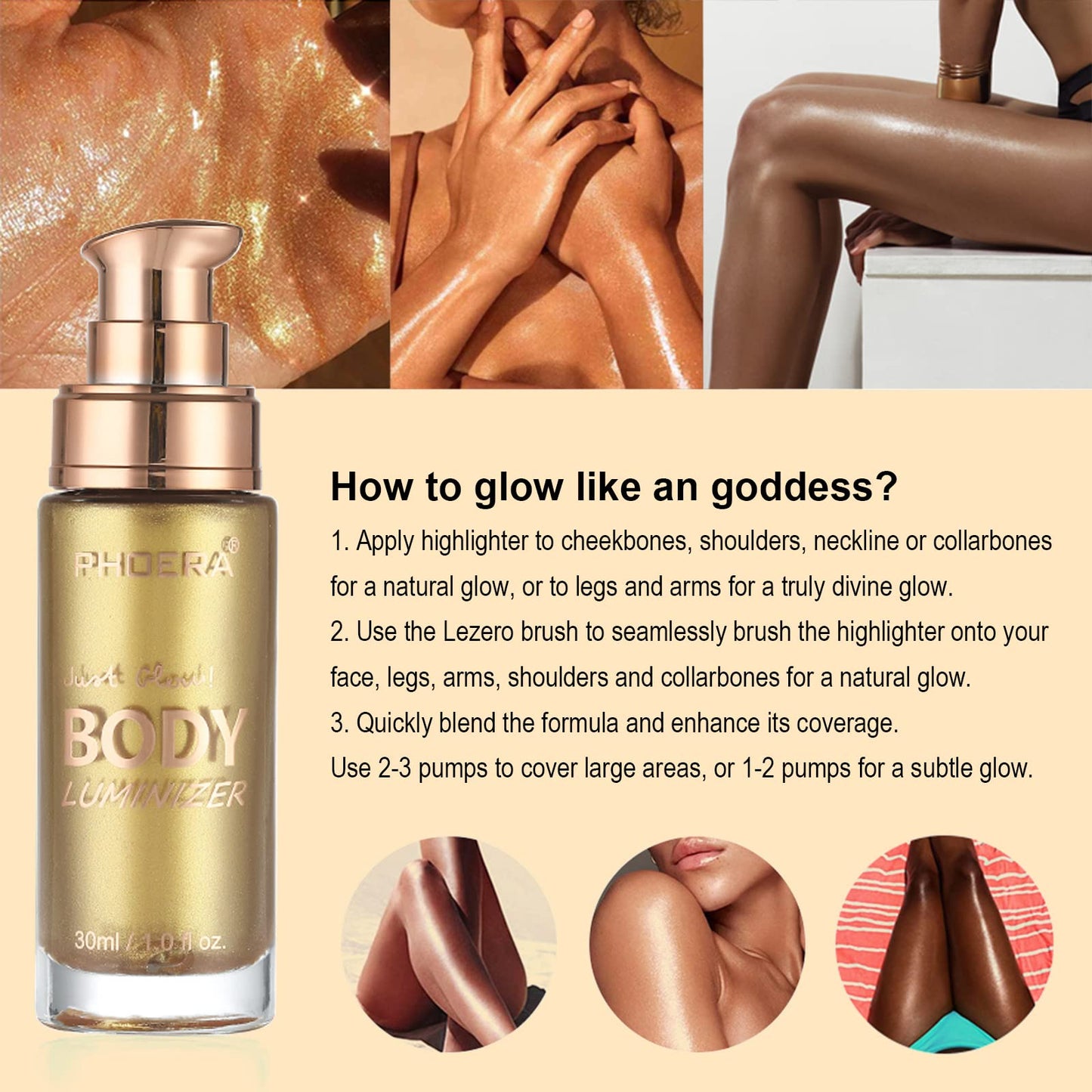 Body Shimmer Oil, Metallic Gold Natural Glow Luminizer, Brush Include, 1oz Beauty and Personal Care Lezero