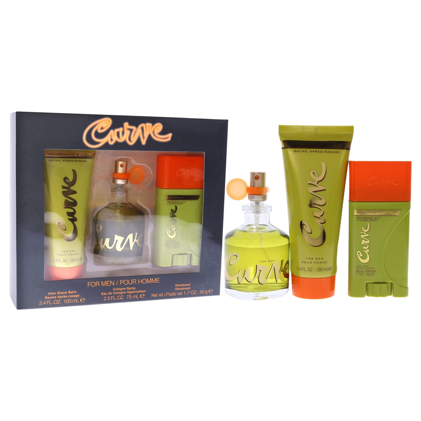 Curve Curve for Men, Men's Fragrance 3 Piece Gift Set, 2.5 Fl. Oz. Eau De Cologne, 3 Count, aftershave/deodorant