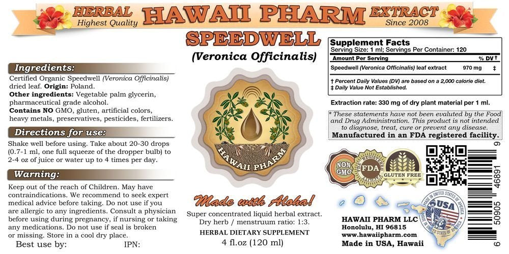 Hawaii Pharm Speedwell Liquid Extract, Speedwell (Veronica Officinalis) Tincture, Herbal Supplement, Made in USA, 32 fl.oz Beauty & Personal Care Hawaii Pharm