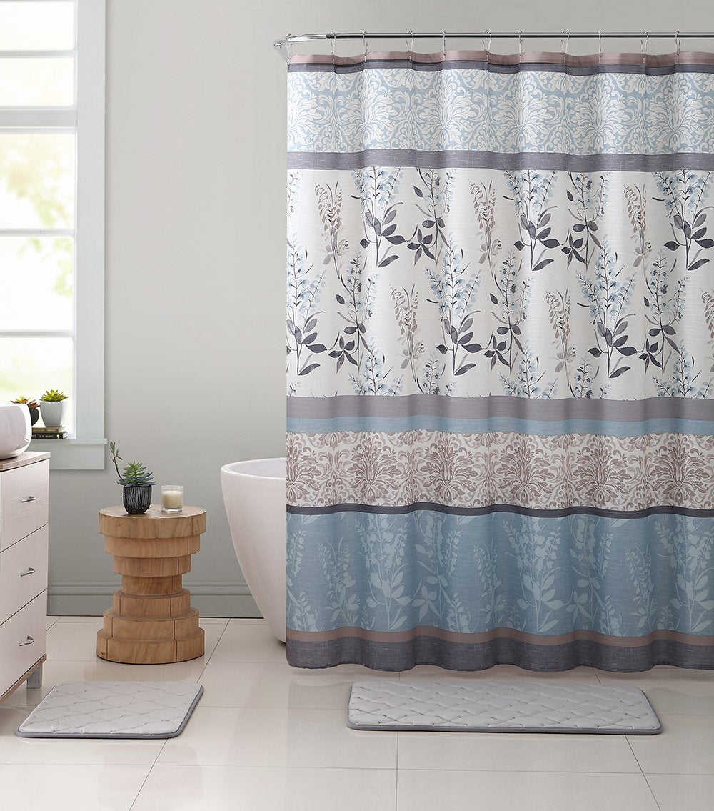 Serafina Home Hotel Quality Fabric Bathroom Shower Curtain: Farmhouse Floral Bordered Damask - Light Blue, Beige, and Grey (72 x 70 inches)