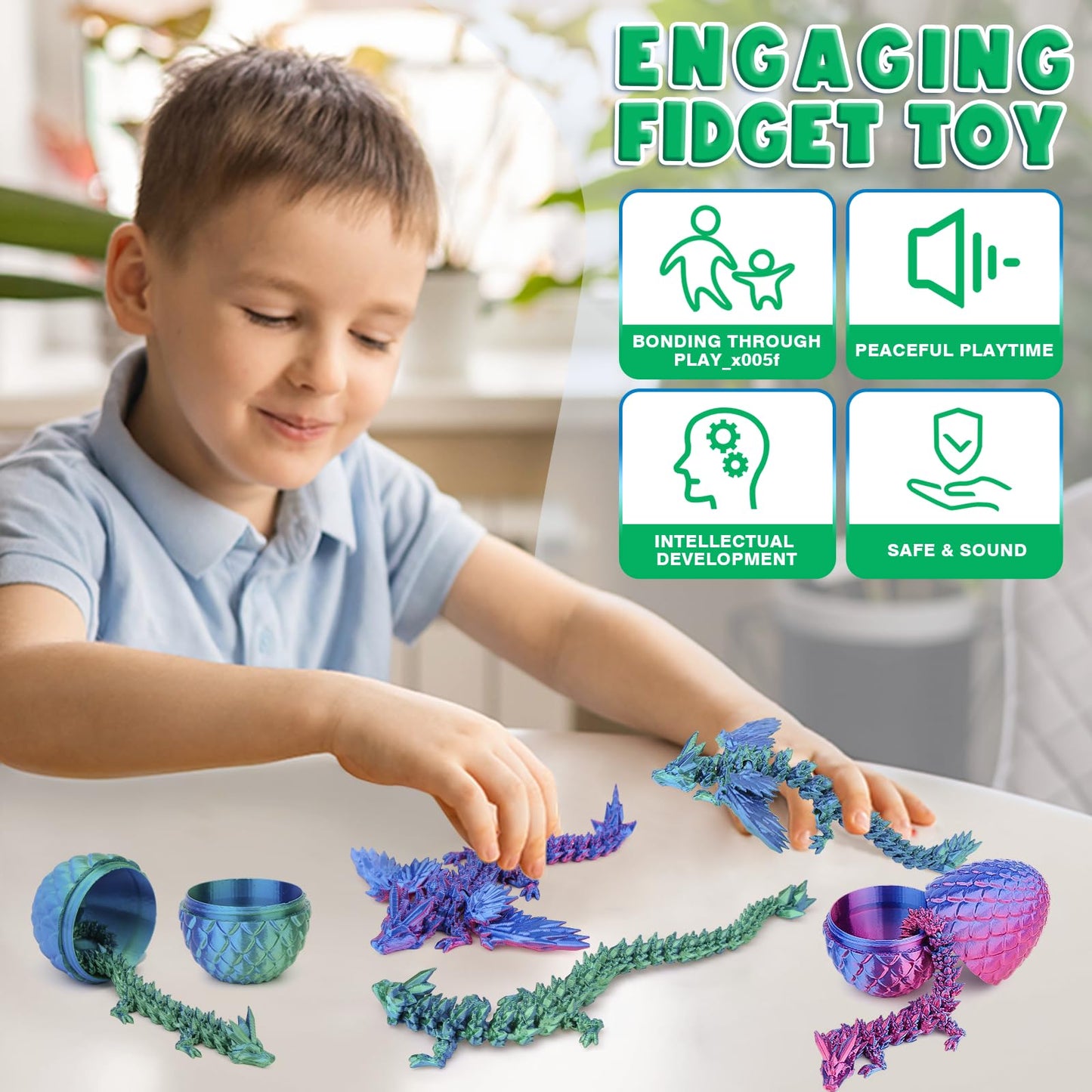 3D Printed Dragon Eggs with 4 Dragons Inside - Swappable Wing, Flexible Articulated Magnetic Dragons Animals Fidget Toy for Kids (Purple+Blue)