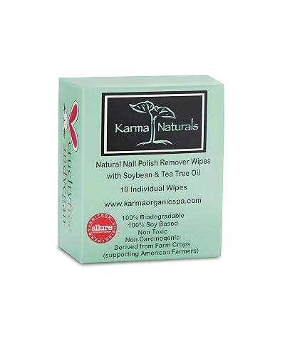 Karma Organic Natural Nail Polish Remover Wipes with Soybean and Tea Tree Oil, 100% Soy Based, Non-Toxic, Vegan, Cruelty-Free - Pack of 10 Beauty & Personal Care karma organic