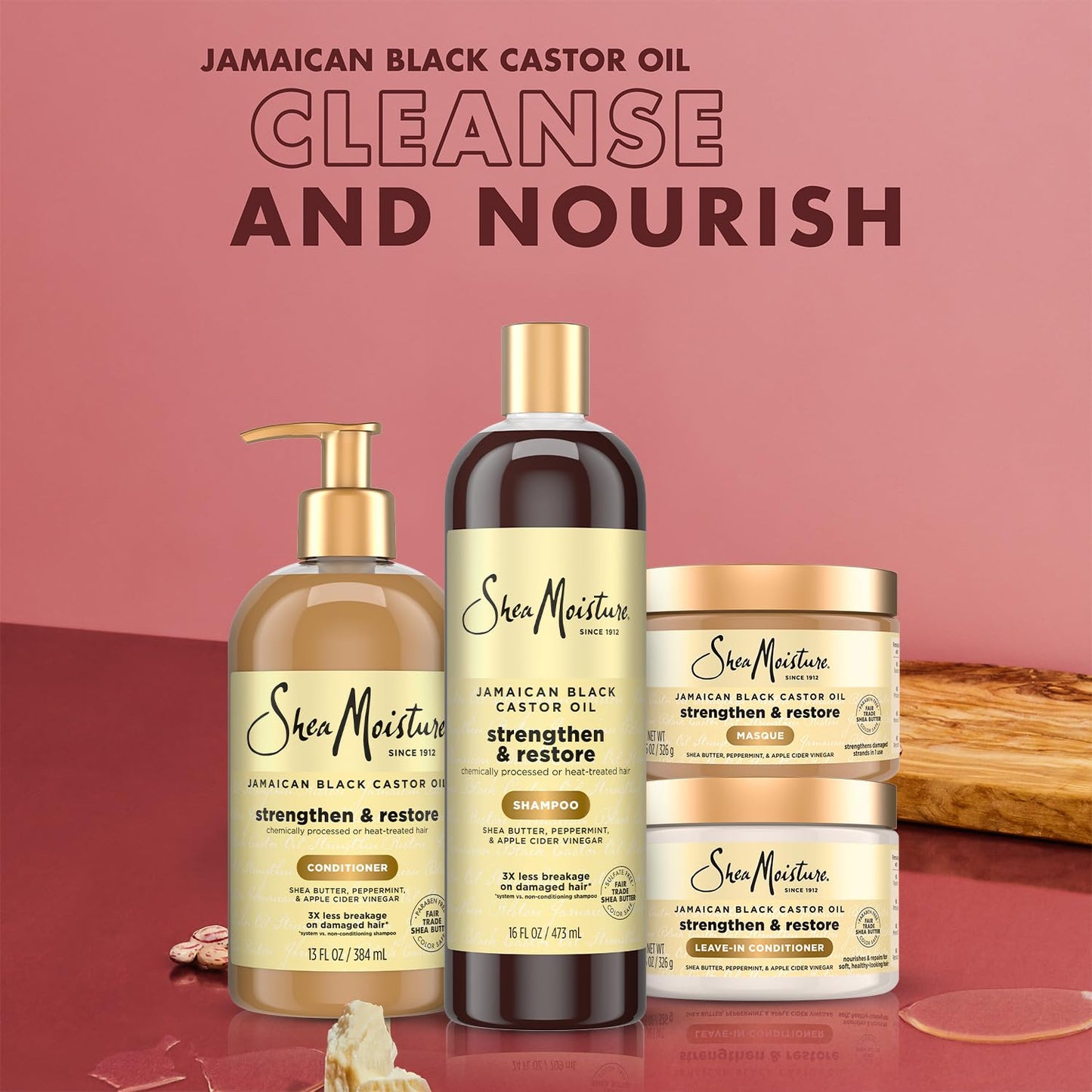 SheaMoisture Jamaican Black Castor Oil Strengthen & Restore Hair Repair Shampoo, Conditioner, Masque + Leave-In Conditioner Bundle