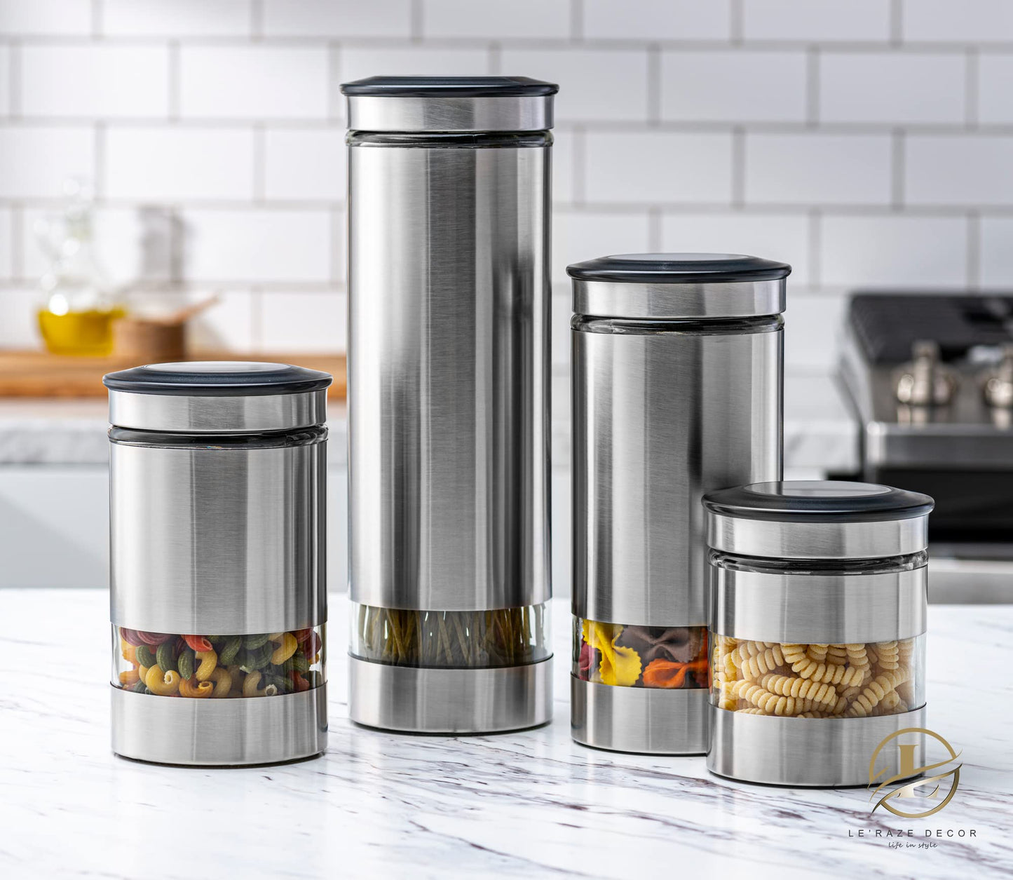 Le'raze Quality Stainless Steel Canister Set of 4 for Kitchen Counter with Glass Window & Airtight Lid - Food Storage Containers with Lids Airtight…