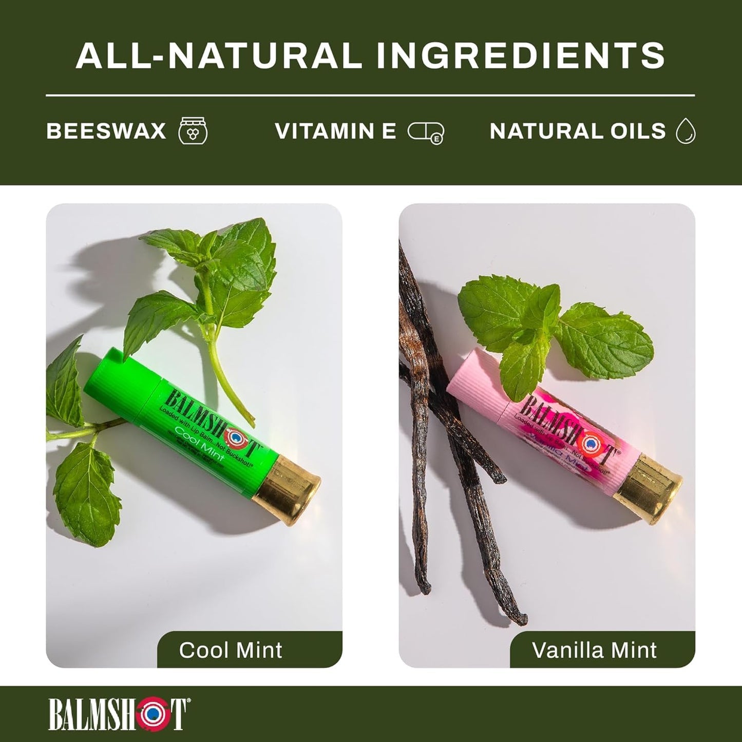BALMSHOT Lip Balm 4-Pack - Minty Combo Variety Pack - (2) Cool Mint & (2) Vanilla Mint - SPF 15 Beeswax Chapstick Formula, 20-Gauge Brass Shotgun