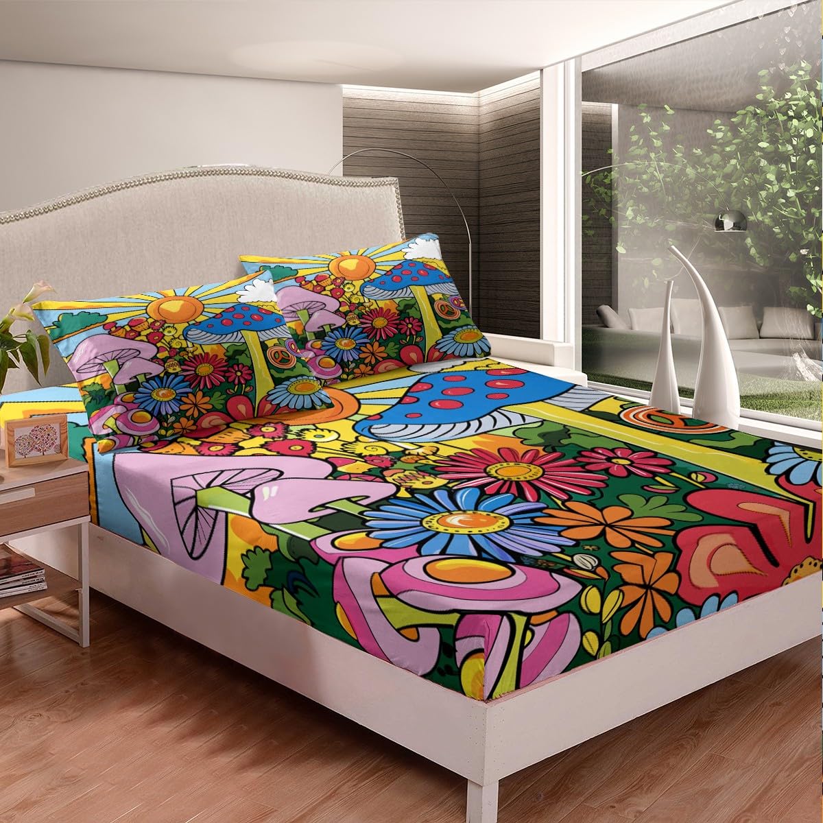 Erosebridal Kawaii Mushroom Full Sheet Set Boho Sun Sheets Hippie Groovy Floral Sheet & Pillowcase Sets 60s 70s Retro Vintage Theme Bed Sheets Chic