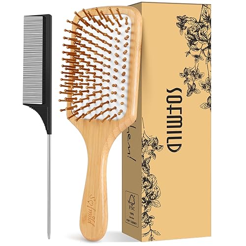 Hair Brush-Natural Wooden Bamboo Brush and Detangle Tail Comb, Paddle Hairbrush for Women Men and Kids Make Thin Long Curly Hair Health and Massage