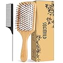 Hair Brush-Natural Wooden Bamboo Brush and Detangle Tail Comb, Paddle Hairbrush for Women Men and Kids Make Thin Long Curly Hair Health and Massage