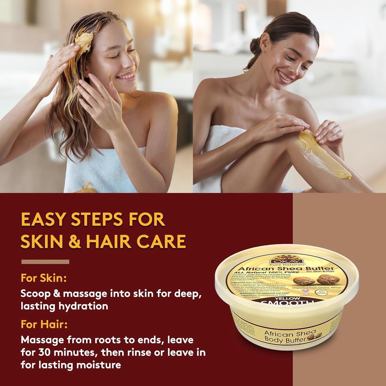 OKAY Pure Naturals Yellow Shea Butter for Hair and Skin - Raw African Shea Butter for Women and Men, Daily Moisturizer for Face and Body, Helps Beauty and Personal Care OKAY