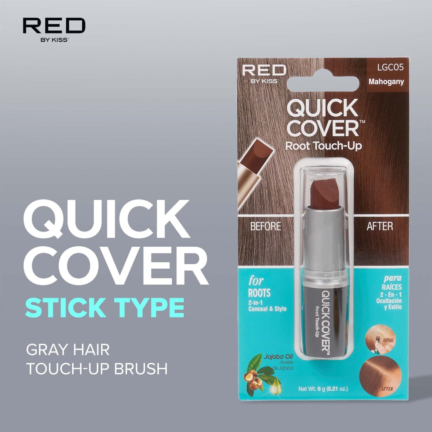 RED by Kiss Quick Cover Root Touch Up Stick, Water-Resistant Temporary Gray Hair Concealer with Brush for Roots and Beard, Long-Lasting Coverage, Easy