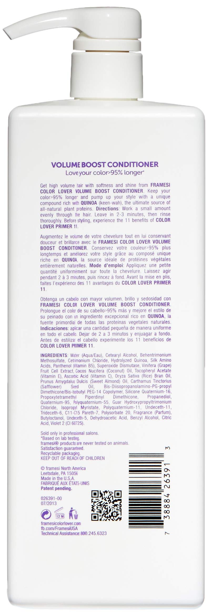 FRAMESI Color Lover Volume Boost Conditioner, 33.8 fl oz, Sulfate Free Volumizing Conditioner with Quinoa and Coconut Oil, Color Treated Hair
